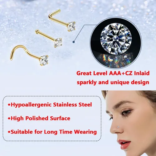 Vista 4 de 12 piercings de nariz hipoalergénicos de acero inoxidable quirúrgico 316L de 0.78 oz, anillos de nariz dorados y plateados, joyería en forma de L