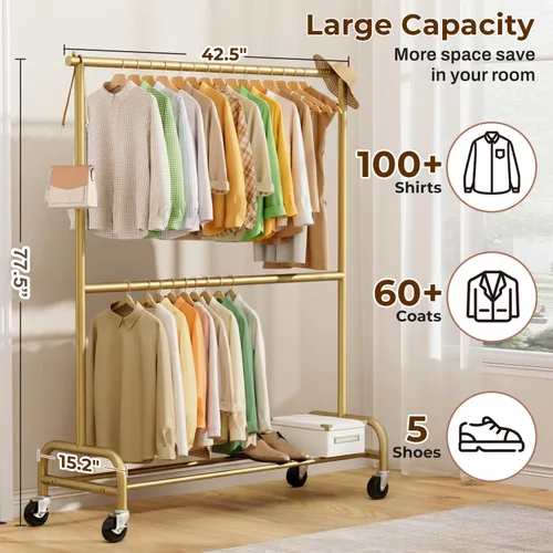 Vista 4 de MISSLO Perchero resistente para ropa con ruedas, para colgar ropa, para abrigo, vestuario, dorado (doble barra)