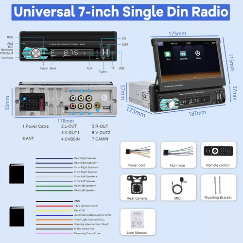 Vista 6 de Estéreo de coche con pantalla abatible Single Din con Carplay inalámbrico y Android Auto, pantalla táctil de 7 pulgadas, 1 Din, compatible