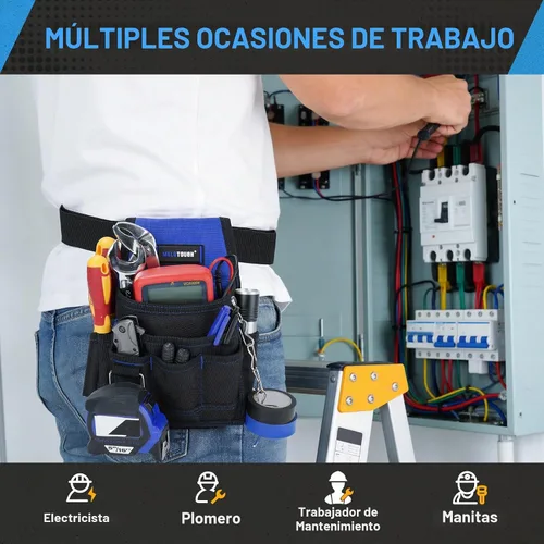Vista 7 de MELOTOUGH Bolsa de herramientas para electricista, bolsas para cinturón de herramientas, múltiples bolsillos, organizador de herramientas para Azul