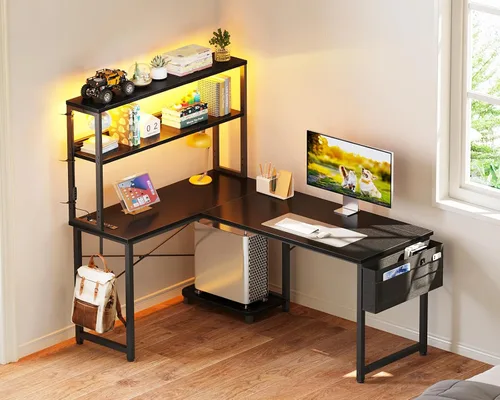 Vista 8 de ODK Escritorio en forma de L de 43 pulgadas con iluminación LED, escritorio reversible para juegos con tomas de corriente, mesa de computadora