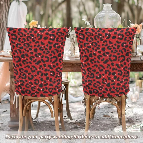 Vista 6 de Juego de 6 fundas de asiento decorativas rojas con estampado de leopardo con purpurina falsa para sillas para el hogar, restaurante, banquete