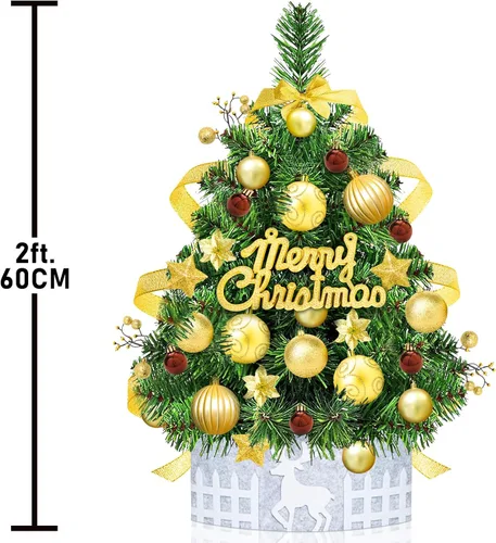 Vista 2 de Mini árbol de Navidad de mesa de 2 pies, árbol de Navidad pequeño dorado para interiores y hogar, granja, chimenea, mesa, decoración de Navidad