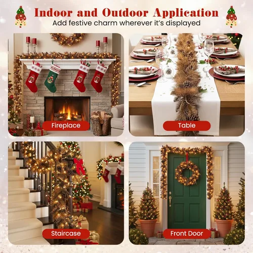 Vista 2 de Goplus - Guirnalda de Navidad preiluminada de 2,7 m, guirnalda artificial con luces, funciona con baterías, con 140 PVC y agujas de pino, conos