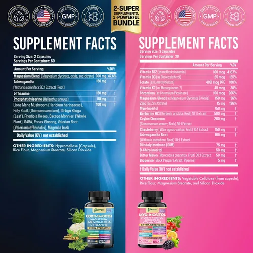Vista 2 de Paquete de Suplementos Parox Cortisol y Myo-Inositol, Paquete de Calma y Suavidad, Equilibrio de Cortisol 13-en-1, Magnesio, Ashwagandha, L-Teanina