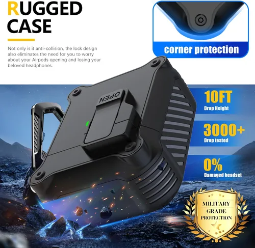 Vista 3 de RFUNGUANGO - Estuche protector para AirPods de 1ª y 2ª generación, con clip de bloqueo de seguridad, completo, a prueba de golpes, con llavero negro