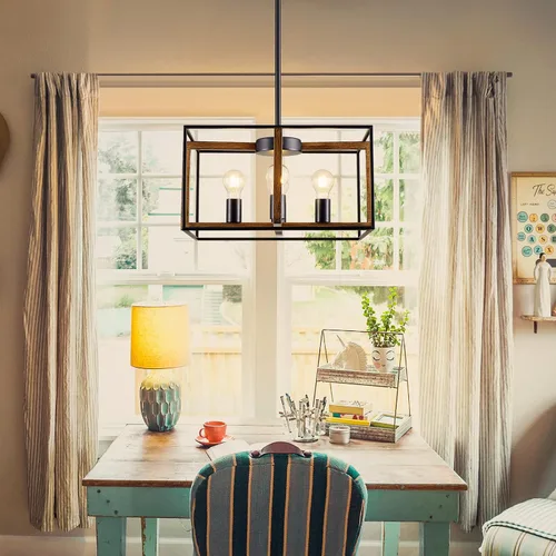 Vista 6 de XINGQI Candelabro cuadrado de 4 luces, lámpara de granja, moderna iluminación colgante para cocina, isla, comedor, sala de estar, acabado de grano