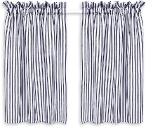 Vista 5 de Cortinas de café a rayas azul marino y blanco, 28 pulgadas de ancho x 24 pulgadas de largo, algodón tejido, juego de 2
