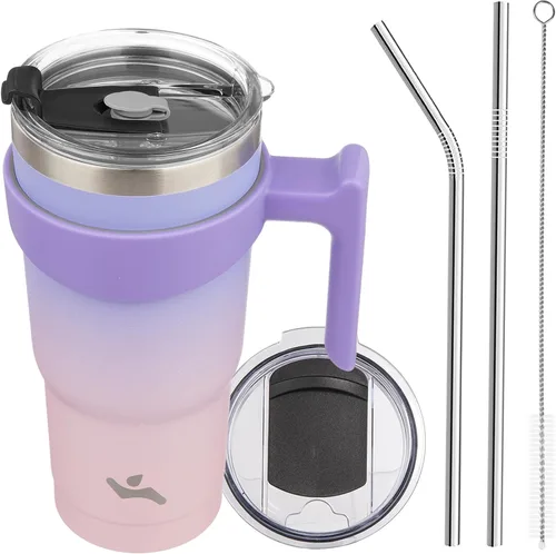 Vista 32 de Konokyo - Vaso de 10 onzas con asa y 2 popotes, 2 tapas, botella de agua aislada de acero inoxidable, taza de viaje reutilizable, color verde militar