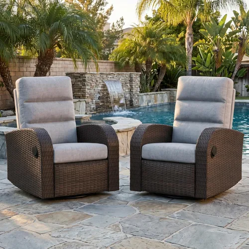Vista 11 de LayinSun Sillón reclinable giratorio de mimbre de gran tamaño con respaldo ajustable y reposapiés, sillón reclinable para patio Gris