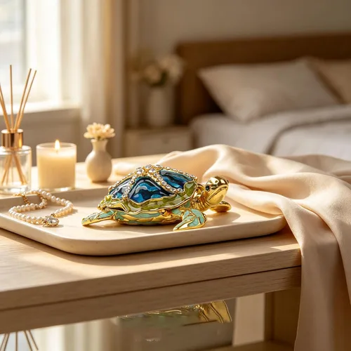 Vista 4 de Caja de joyería decorativa con bisagras en forma de tortuga marina, con figura de estrella de mar Azul-Dorado