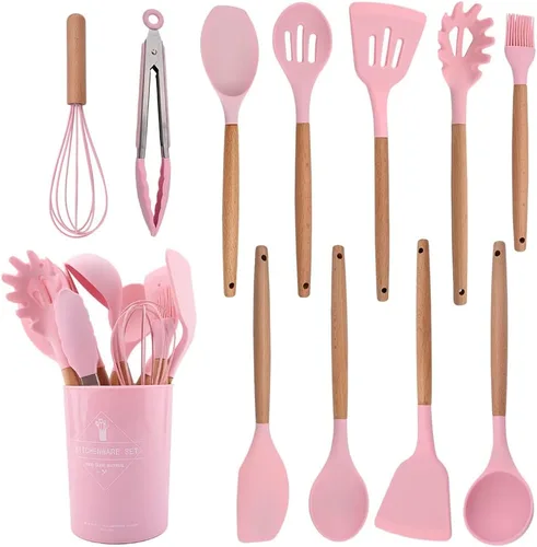 Vista 12 de Juego de utensilios de cocina de silicona negra con soporte de cubo de almacenamiento, mango de madera antiadherente, utensilios de cocina