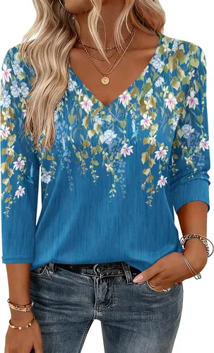 Vista 25 de Zeagoo Camisetas de manga 3/4 para mujer, cuello en V, blusa casual elegante, camisetas básicas 2026, ropa de moda S-2XL
