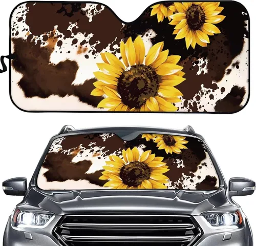 Vista 21 de HUGS IDEA Parasol plegable para parabrisas de automóvil, diseño de flores, bohemio, para la mayoría de los sedán, SUV, camión, parabrisas delantero