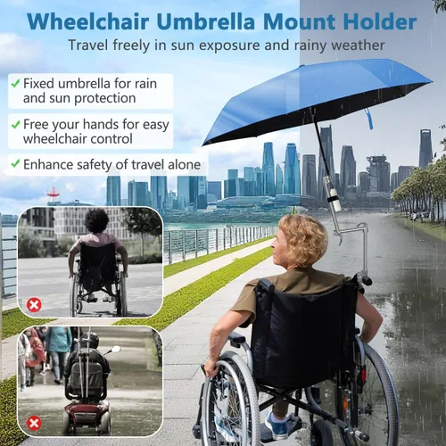 Vista 2 de Soporte de soporte para sombrilla de bicicleta, soporte para sombrilla de silla de ruedas para cochecito, manos libres, clip de abrazadera