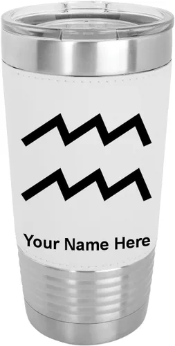 Vista 21 de LaserGram Vaso aislado al vacío de 20 onzas, signo del zodiaco, acuario, grabado personalizado incluido (cuero sintético, estilo béisbol)