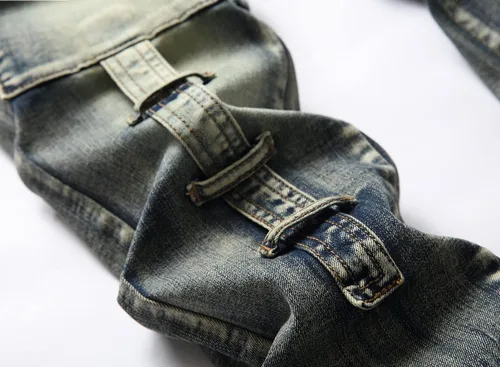 Vista 5 de XIMXIMMTIAN Jeans rectos para hombre, estilo motociclista, desgastados, desgastados, desgastados, rectos