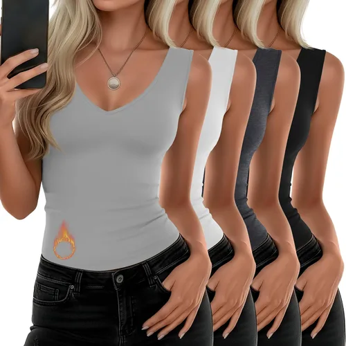 Vista 8 de Paquete de 4 camisetas térmicas sin mangas para mujer, con cuello en V, forro polar, sin mangas, cálido, chaleco de capa base