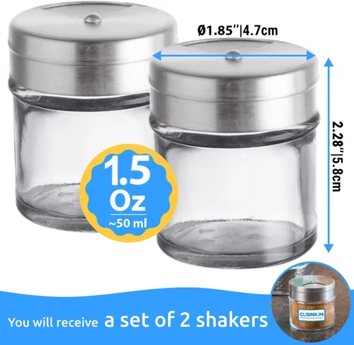 Vista 2 de CUSINIUM Paquete de 2 tarros de especias de vidrio de 1.5oz con agitador y tapa ajustable