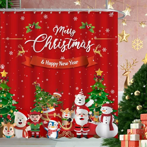 Vista 8 de JWXCBIM - Cortina de ducha de Navidad Feliz Navidad y Feliz Año Nuevo, decoración para el hogar de Papá Noel y muñeco de nieve, cortina de baño