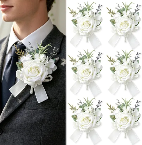 Vista 14 de Boutonnieres blancos marfil para hombres, 6 piezas, rosas 6 piezas Boutonnieres blanco #2