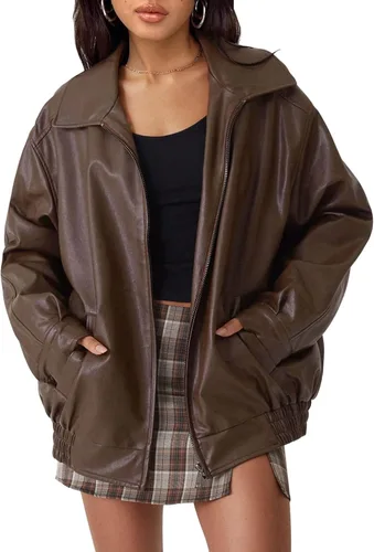 Vista 16 de AUTOMET Chaqueta de piel sintética de gran tamaño para mujer para otoño e Verde Armada (ArmyGreen)