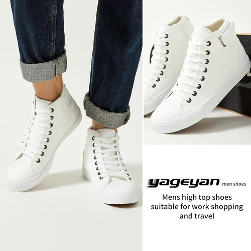 Vista 5 de yageyan Zapatillas altas blancas de los hombres para los zapatos de moda de cuero negro casual de la PU para los hombres