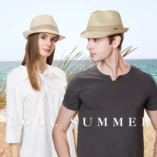 Vista 6 de Fancet Sombrero de Paja Pajarita Fedora Panamá Sol Verano Playa Sombrero Cubano Trilby Hombres Mujeres 21.7-24.0in