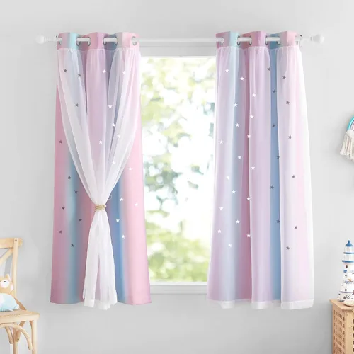 Vista 8 de NICETOWN Cortinas para dormitorio de niñas, cortinas de arco iris, cortinas de estrellas, cortinas de princesa, decoración de habitación