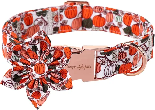 Vista 12 de Collar de perro de Halloween de estilo único con arco de flores de Unique Style Paws, collar de calabaza de algodón para perros pequeños, medianos