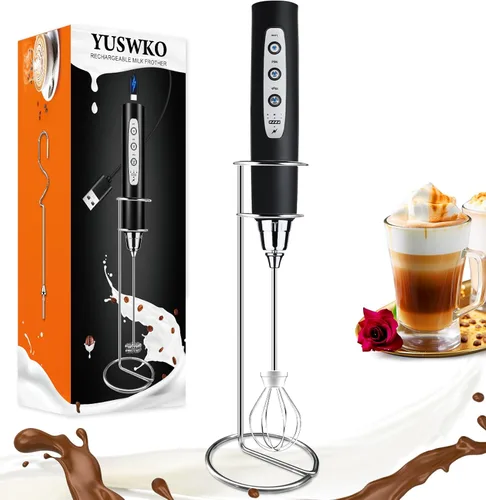 Vista 26 de YUSWKO Baby Blue - Varita espumadora de leche de mano para café, batidor eléctrico recargable con 3 cabezales, 3 velocidades, mezclador de bebidas
