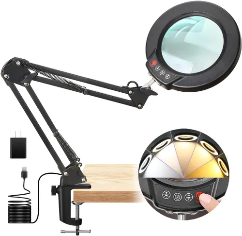 Vista 10 de Lámpara de lupa de 10 aumentos con luz y soporte, lámpara de escritorio y abrazadera 2 en 1, Seylae con 5 modos de color, lupa iluminada LED