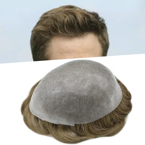 Vista 56 de Tupé de piel ultra fina para hombres pieza de cabello humano real sistema de reemplazo 0.002 in Mens Toupee Hairpiece para hombres V-Loop 8x10 80%
