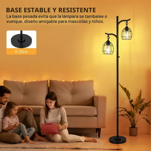 Vista 4 de Lámpara de pie 9MMML para sala de estar, lámpara de pie industrial de granja regulable con 2 jaulas colgantes en forma de lágrima, lámpara de árbol