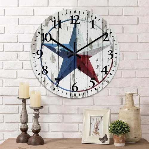 Vista 11 de Reloj de pared vintage con estrella del oeste de Texas con reloj de madera rústica sin tictac, silencioso con pilas, con números grandes, reloj