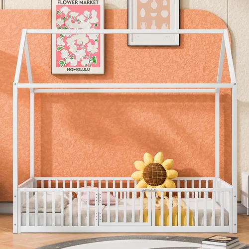 Vista 12 de Cama juguetona en forma de casa de tamaño matrimonial con estantes y luces, marco de cama de metal con techo para niños, adolescentes y adultos, un