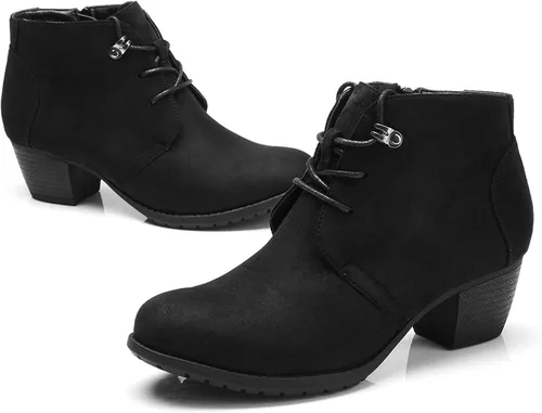 Vista 5 de VJH confort - Botines para mujer, con cordones, punta redonda, cómodos, de tacón bajo, con cremallera lateral