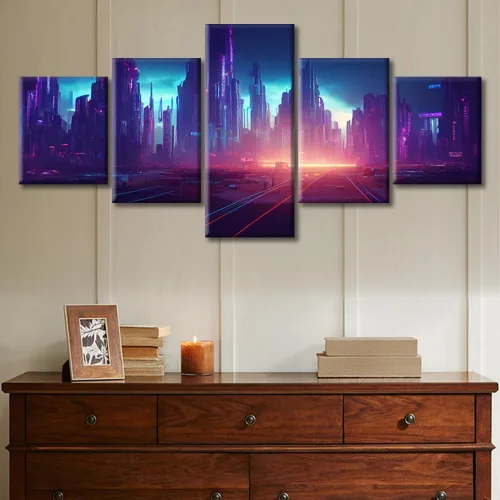Vista 350 de Cuadros de 5 paneles de Cyberpunk City, arte de pared, representación de vallas publicitarias, edificios modernos en la capital con obras de arte