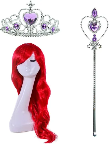 Vista 2 de Joy Join Disfraz de princesa de sirena para niñas pequeñas vestido con peluca corona Rojo