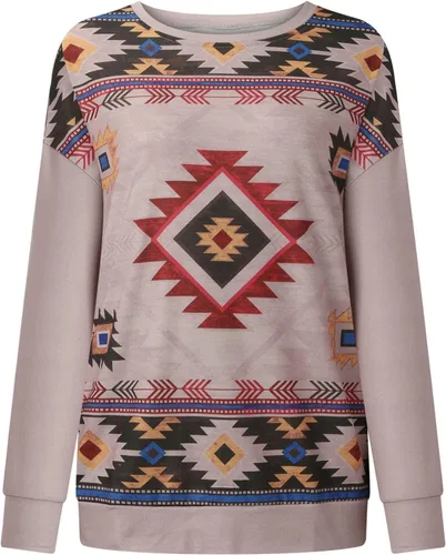 Vista 3 de Camisas aztecas para mujer, cuello redondo, manga larga, estilo étnico, estilo retro, ajuste relajado, sudadera casual