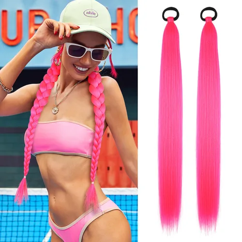 Vista 20 de Paquete de 2 extensiones de cola de caballo trenzada con lazo elástico, lacio, elegante envolvente, extensiones de cola de caballo de 26 pulgadas