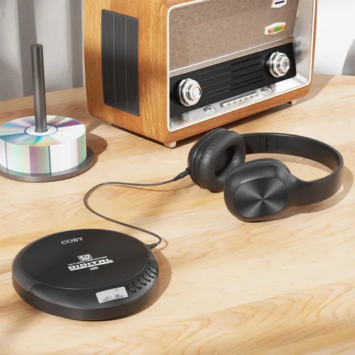 Vista 4 de Coby Reproductor de CD portátil con reproducción MP3 y radio FM, protección anti-salto de 60 segundos, auriculares con cable plegables, reproductor