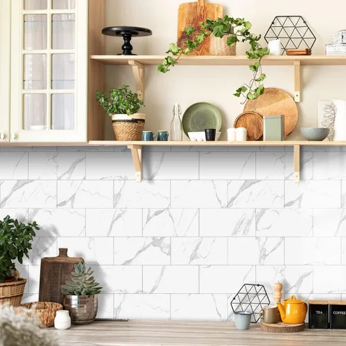 Vista 3 de Azulejos de salpicadero de mármol blanco despegar y pegar para cocina, baño, ducha de RV, azulejo de pared inteligente para salpicadero con veta
