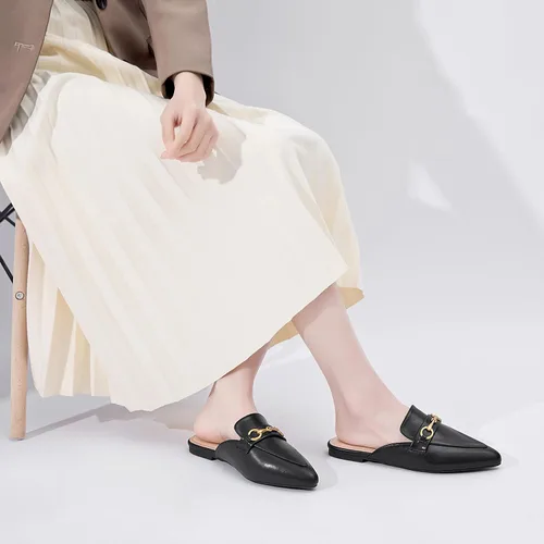 Vista 5 de Mules con hebilla para mujer, puntera puntiaguda, sin espalda, planas, deslizantes, zapatos tipo mocasín