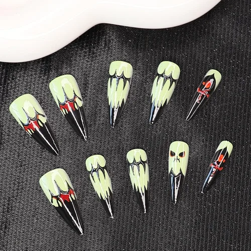 Vista 6 de Paquete de 6 144 uñas acrílicas de Halloween a presión, uñas postizas reutilizables de cobertura completa, uñas postizas adhesivas con pegamento