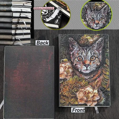 Vista 4 de Diario de cuero con tapa de gato artístico, cuaderno en relieve 3D, diario de tapa dura rayado A5 vintage de 200 páginas, regalo retro ideal