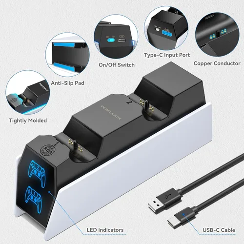 Vista 5 de Estación de carga para controlador PS 5 compatible con PlayStation 5 Dual Controller, 9 iluminaciones, estación de carga de accesorios PS 5, soporte