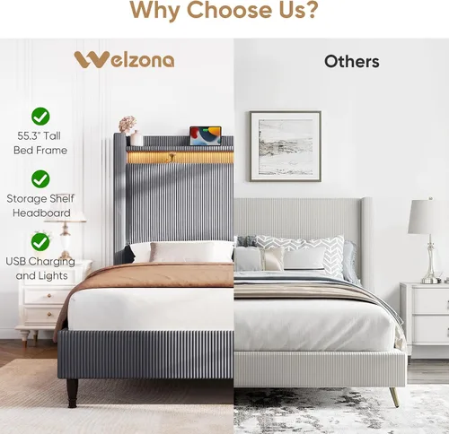 Vista 9 de Base de cama matrimonial con cabecera de 55.3 pulgadas de alto, plataforma tapizada de pana con luces LED y estación de carga, cabecera