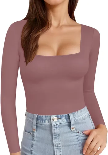 Vista 34 de MANGOPOP - Camisetas ajustadas de manga corta y manga larga con cuello cuadrado para mujer A01 Manga Corta Negro