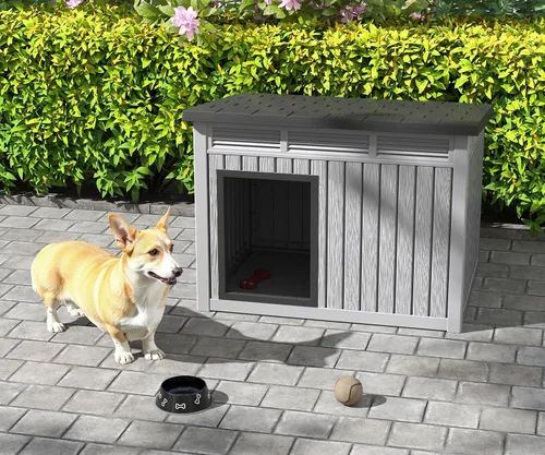 Vista 6 de Fancyango Casa para perros para uso en interiores y exteriores, techo resistente a la intemperie y suelo extraíble, se adapta a perros pequeños a